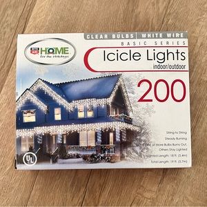 NIB Home for the holidays 200 Icicle Lights Indoor Outdoor 19‎ Ft Clear Bulbs